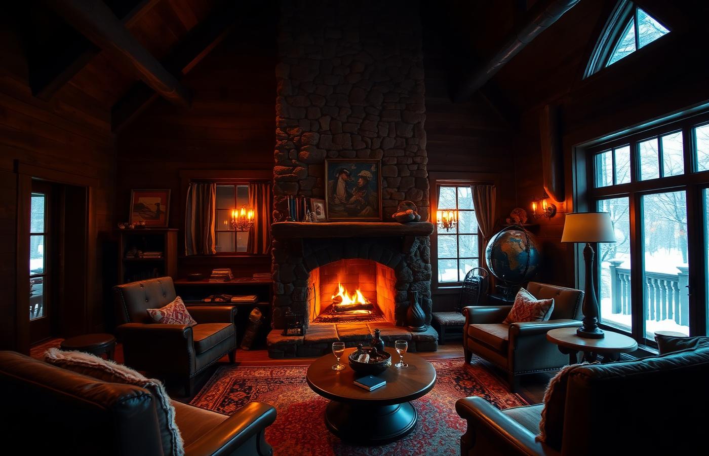 Cozy living room with a stone fireplace burning while snow falls outside