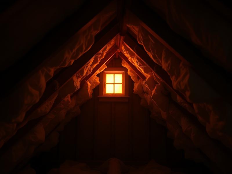 Attic with insulation between rafters lit by a warm window